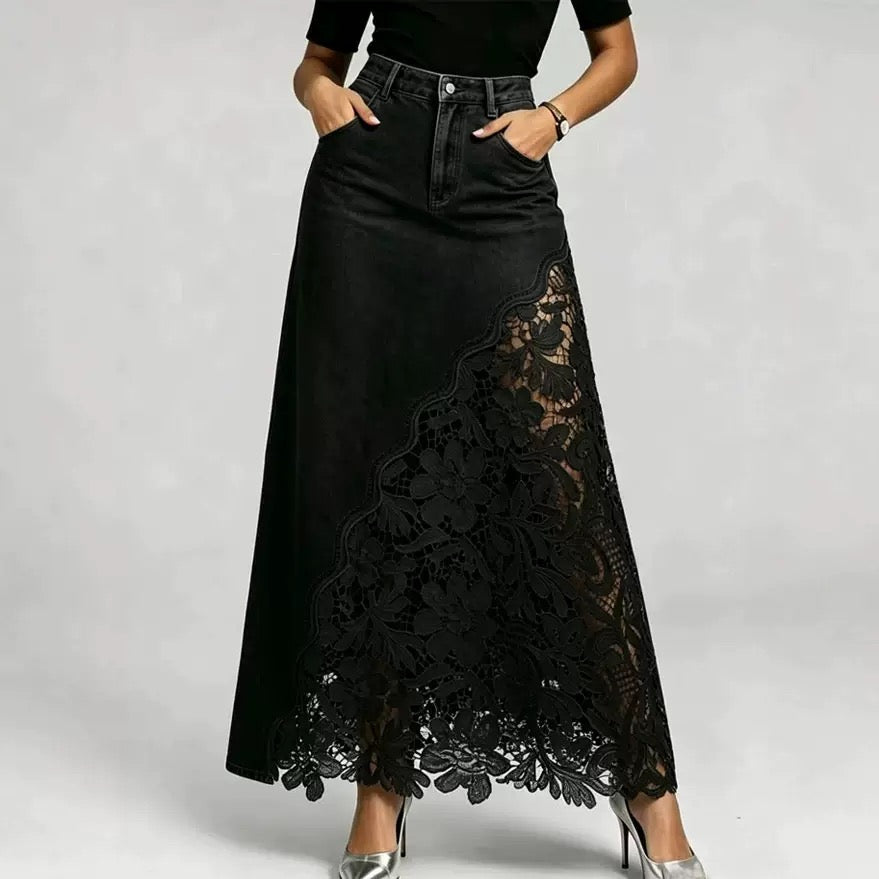 Stylish & Sexy Lace-paneled Cutout Denim Skirtv