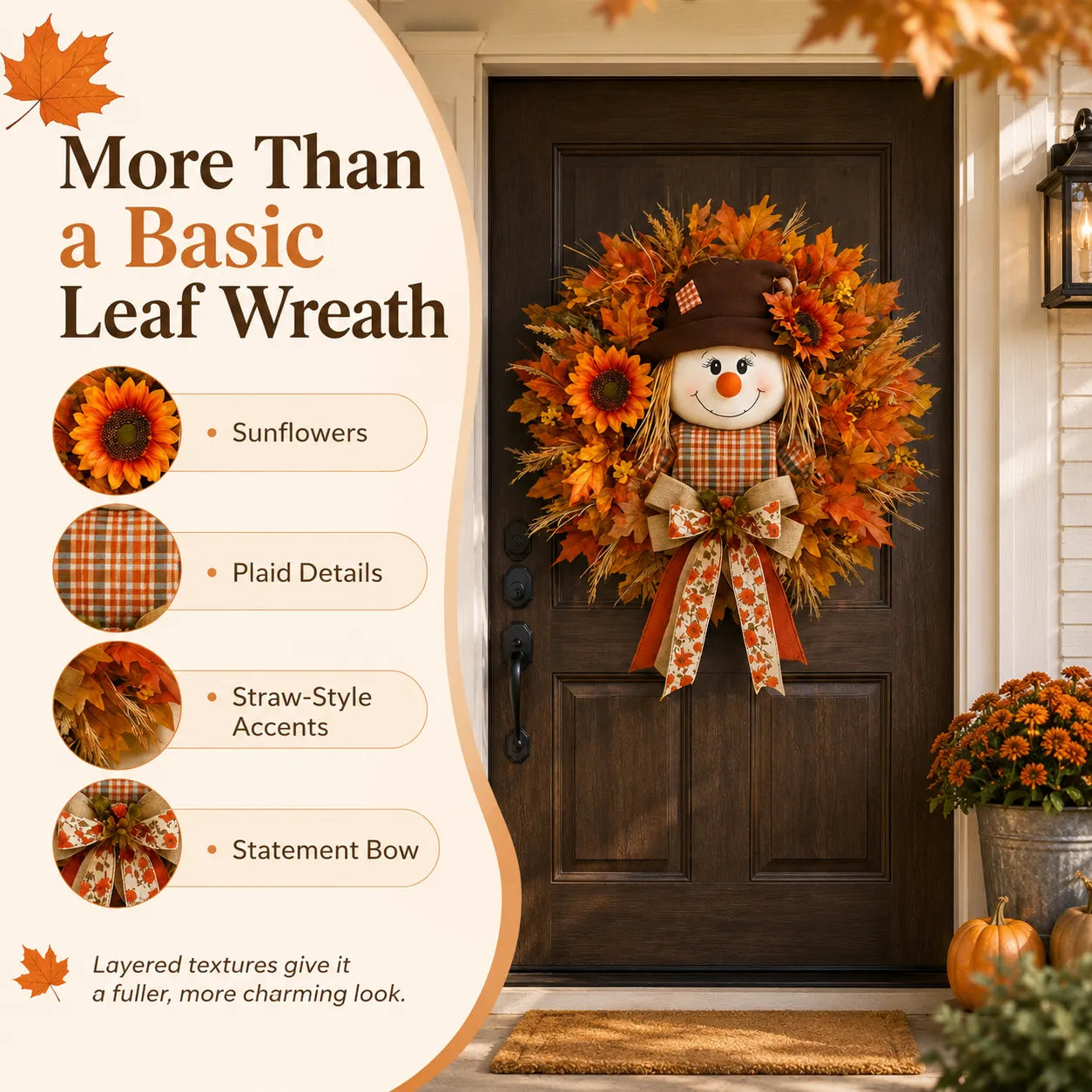 🍂🌻 Lighted Scarecrow Fall Wreath for Front Door
