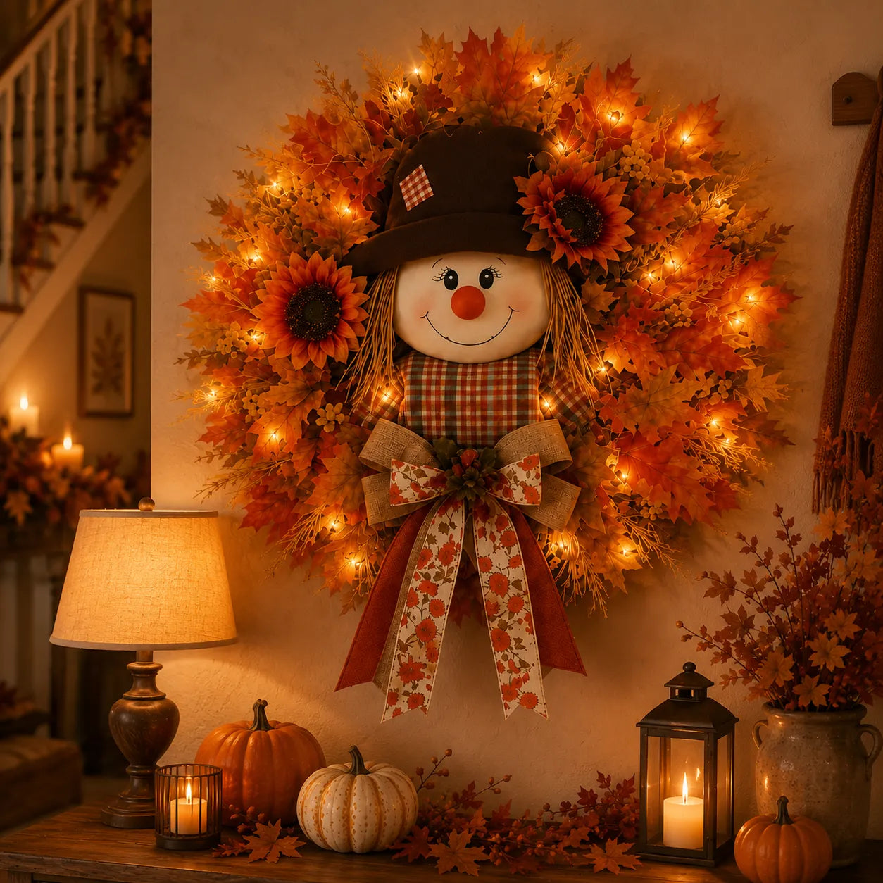 🍂🌻 Lighted Scarecrow Fall Wreath for Front Door