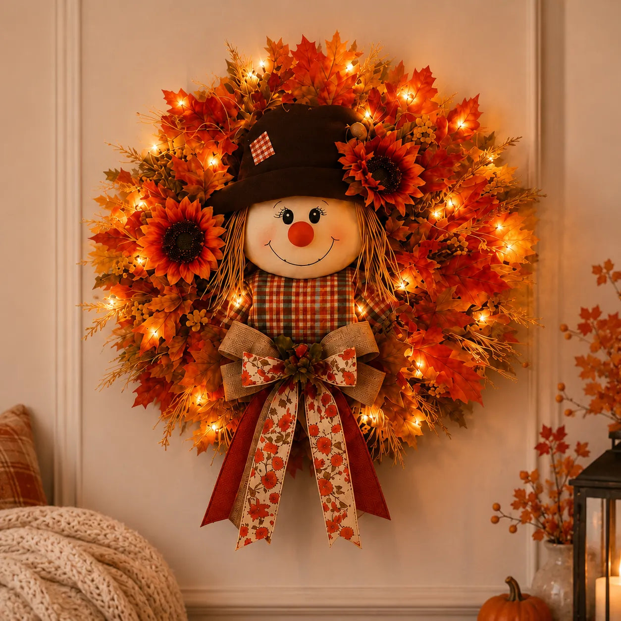 🍂🌻 Lighted Scarecrow Fall Wreath for Front Door