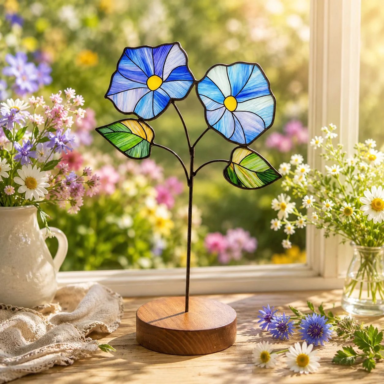 Handmade Stained Glass Flower Freestanding Window Decor