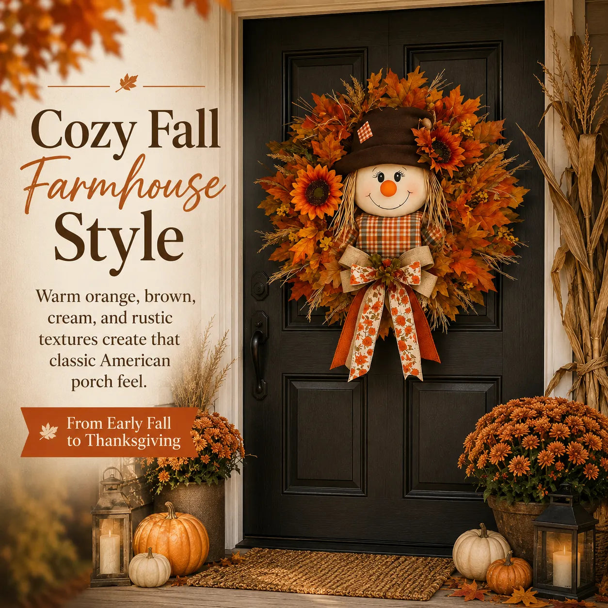🍂🌻 Lighted Scarecrow Fall Wreath for Front Door