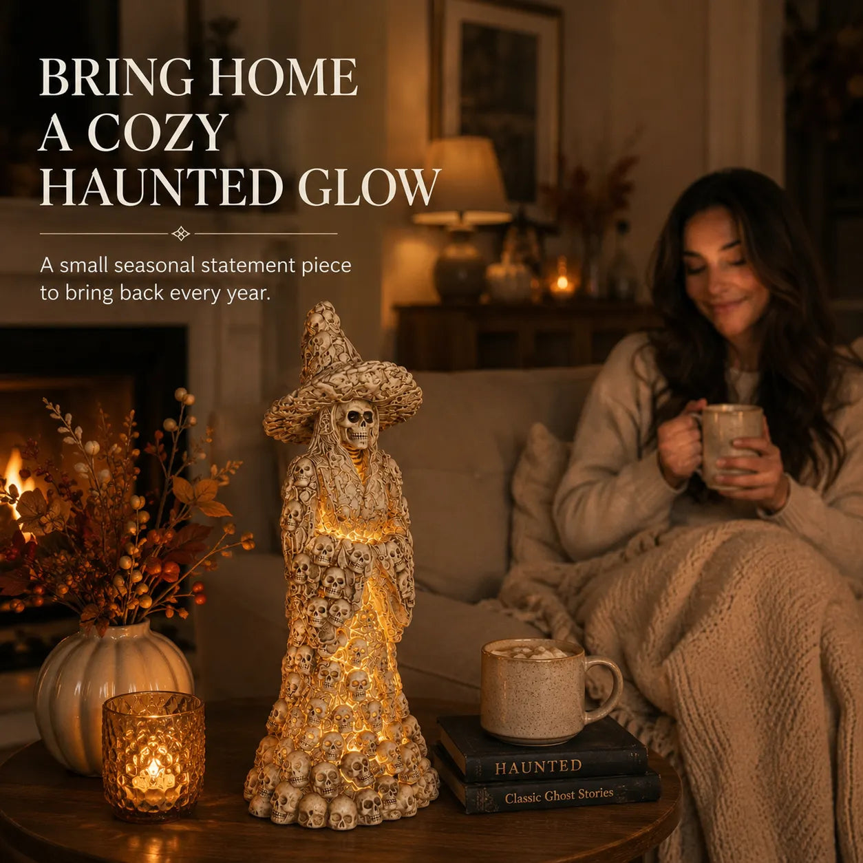 🎃 Glowing Skull Witch Halloween Statue | Cozy Spooky Indoor Decor