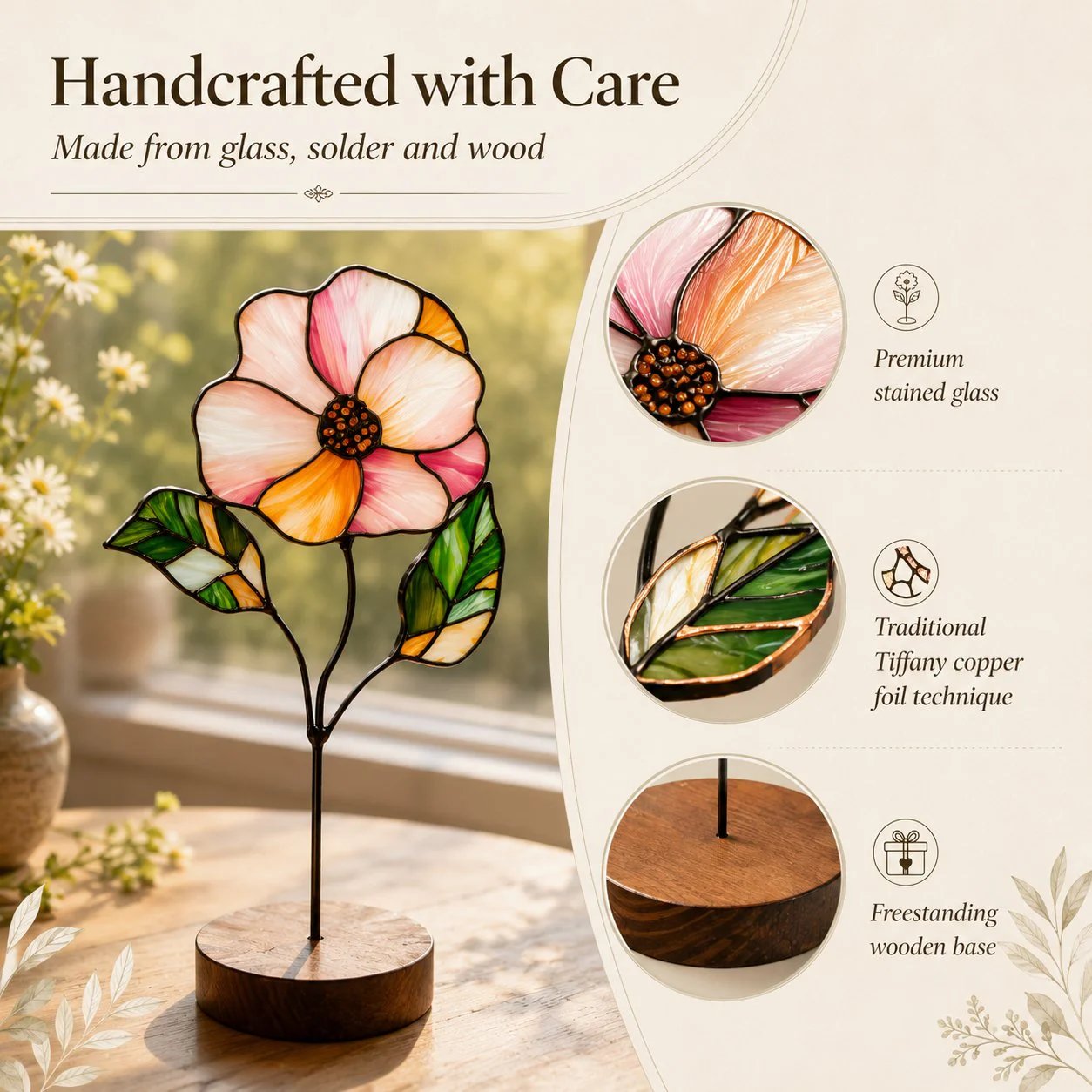 Handmade Stained Glass Flower Freestanding Window Decor