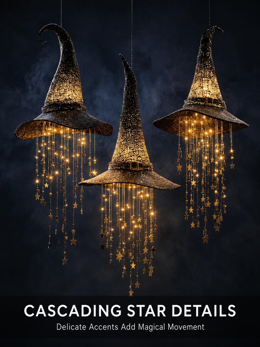 3-Piece Lighted Witch Hat Set with Cascading Stars