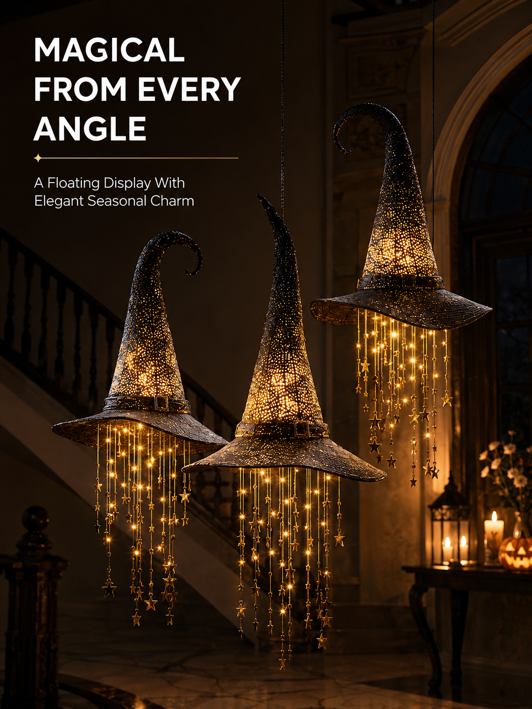 3-Piece Lighted Witch Hat Set with Cascading Stars