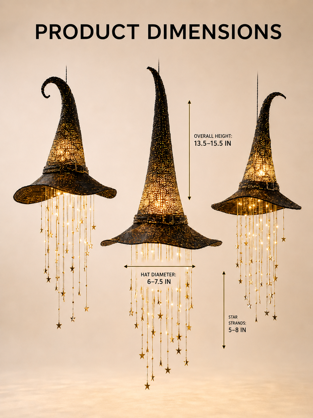 3-Piece Lighted Witch Hat Set with Cascading Stars