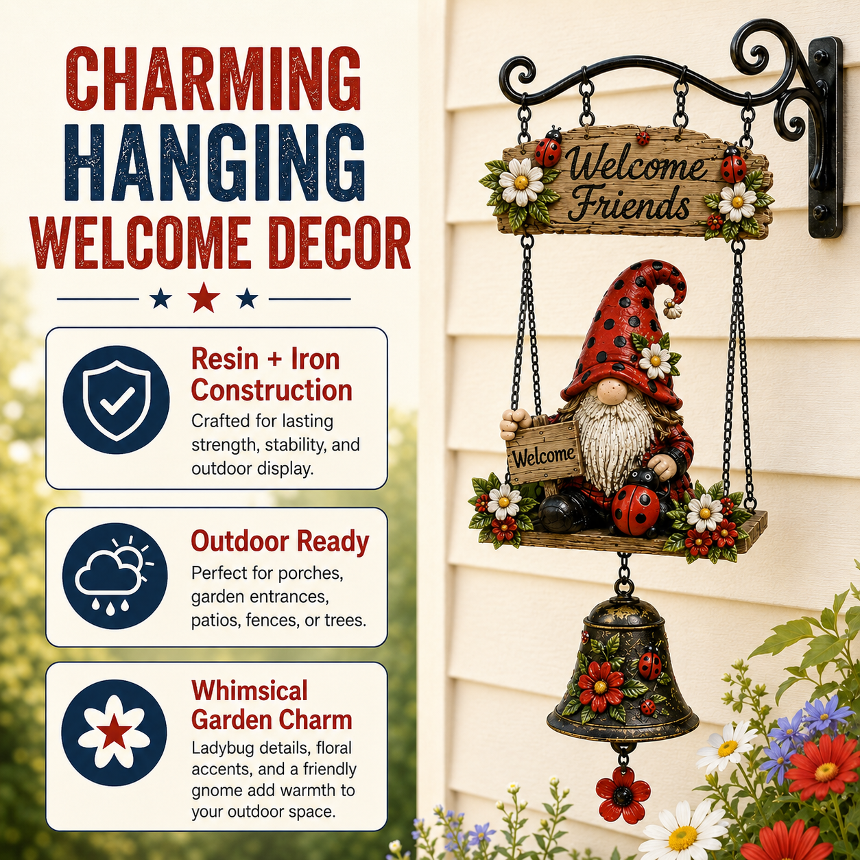 🐞 Rustic Garden Gnome Bell Outdoor Decoration 🌼