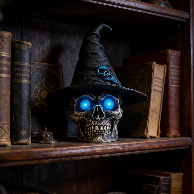 🎃 Gothic Witch Hat Skull LED Decor Statue | Spooky Halloween Glowing Skull Tabletop Ornament