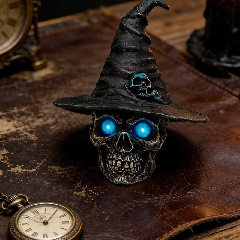 🎃 Gothic Witch Hat Skull LED Decor Statue | Spooky Halloween Glowing Skull Tabletop Ornament