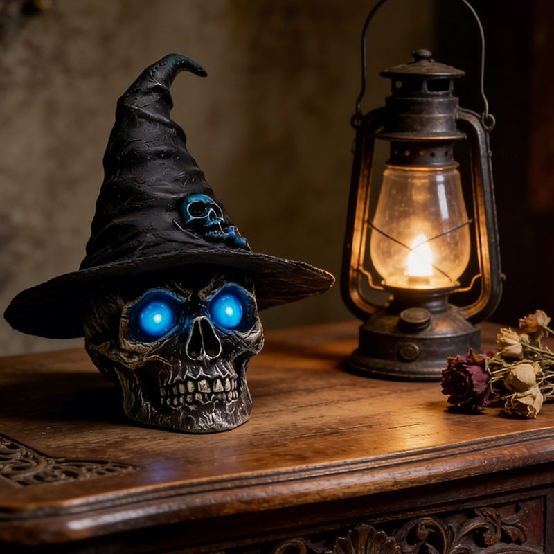 🎃 Gothic Witch Hat Skull LED Decor Statue | Spooky Halloween Glowing Skull Tabletop Ornament