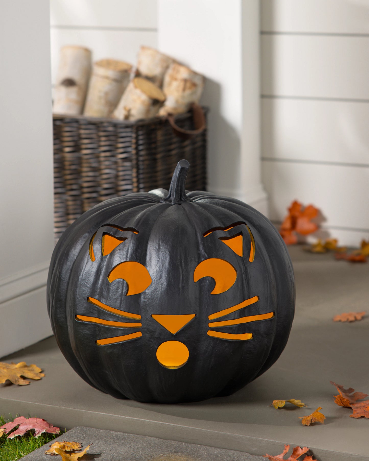 13.5" Black Outdoor Lit Cat-o'-Lantern, Width 15 in, LED Clear Lights by Balsam Hill