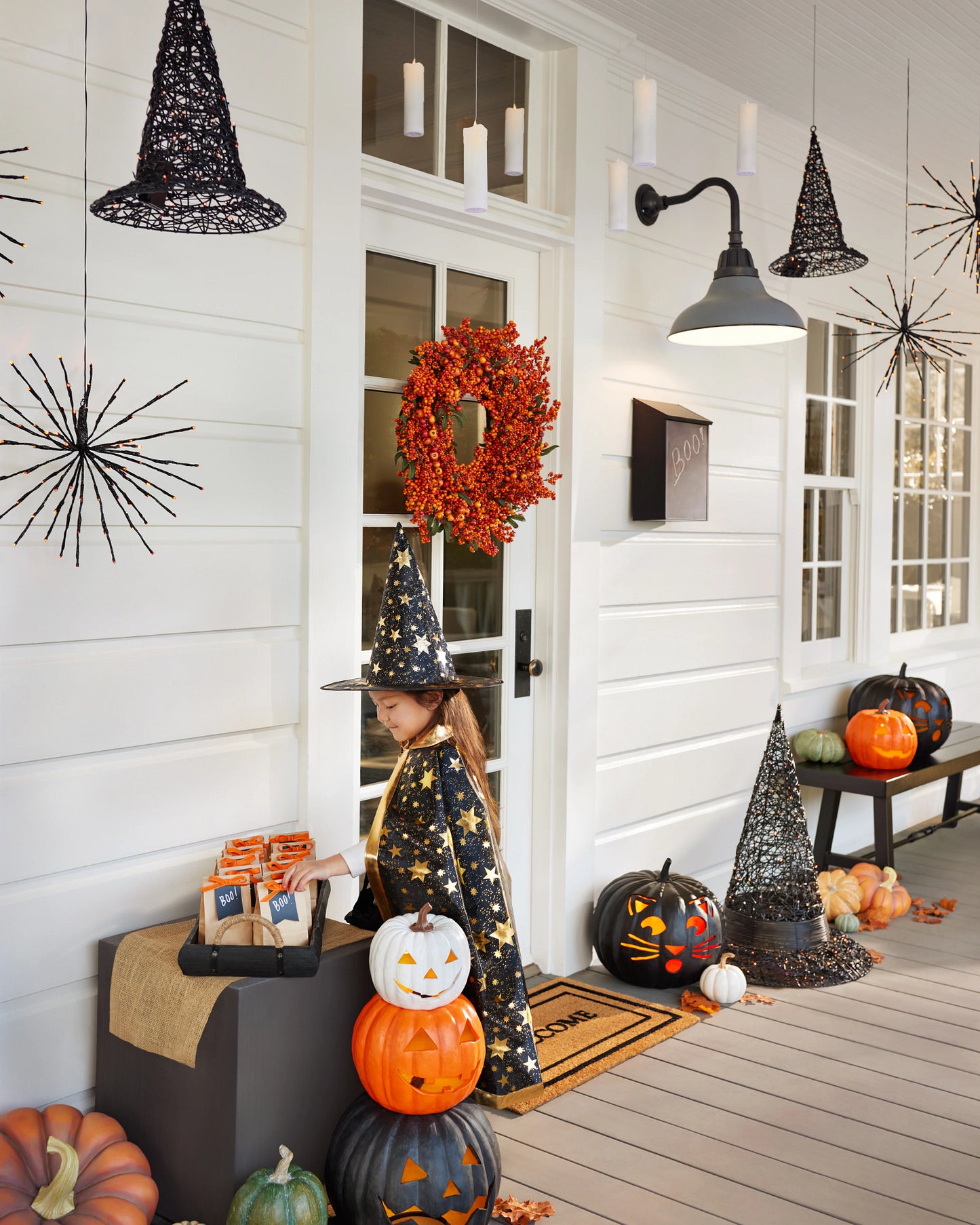 13.5" Black Outdoor Lit Cat-o'-Lantern, Width 15 in, LED Clear Lights by Balsam Hill
