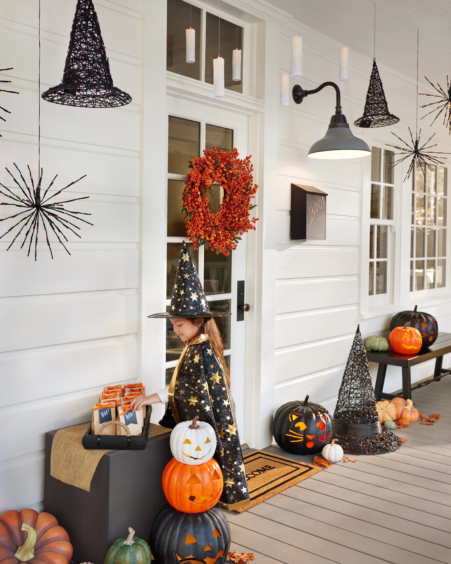 13.5" Black Outdoor Lit Cat-o'-Lantern, Width 15 in, LED Clear Lights by Balsam Hill