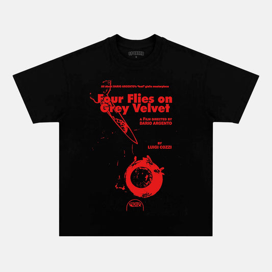 VINTAGE FOUR FLIES ON GREY VELVET T-SHIRT