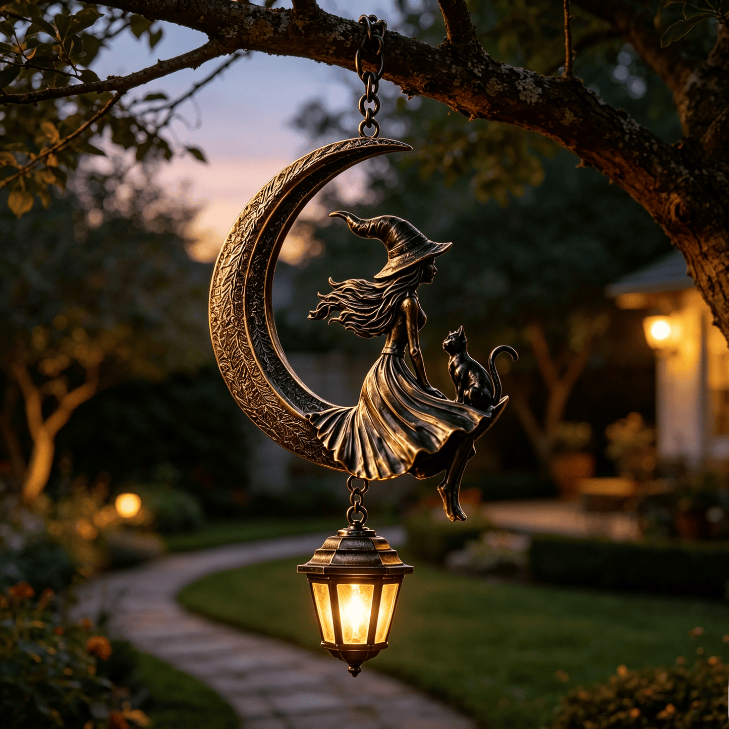 Solar Hanging Witch on the Moon Lantern — Vintage Bronze Gothic Witch and Black Cat Garden Decor