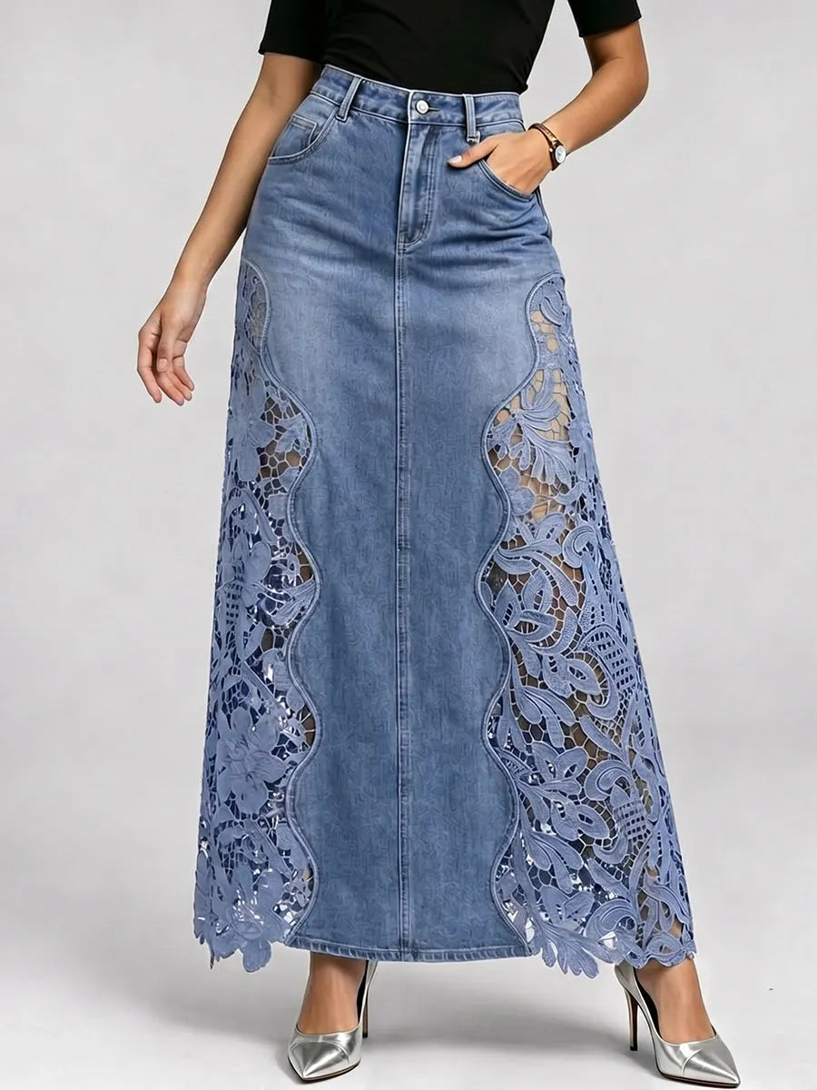 Stylish Lace-paneled Long Denim Skirt