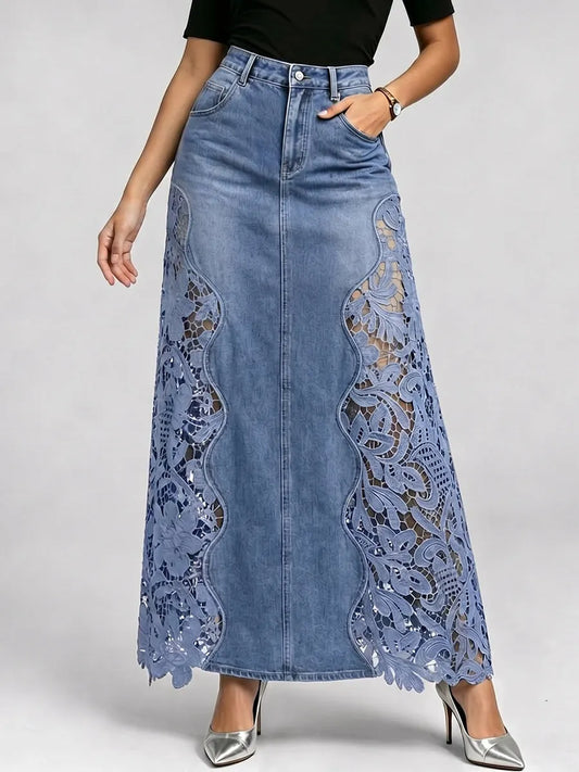 Stylish Lace-paneled Long Denim Skirt