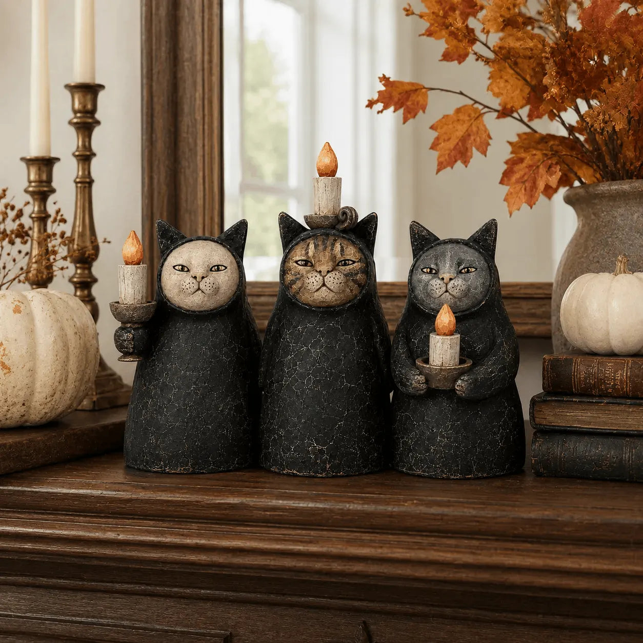 Set of 3  Mysterious Hooded Cat Candlelight Figurine