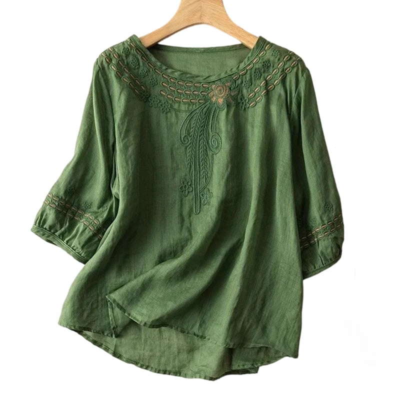 👚Women's Embroidered Cotton-Linen Blend Blouse – Floral Cutouts, Round Neck, Relaxed Fit ✨