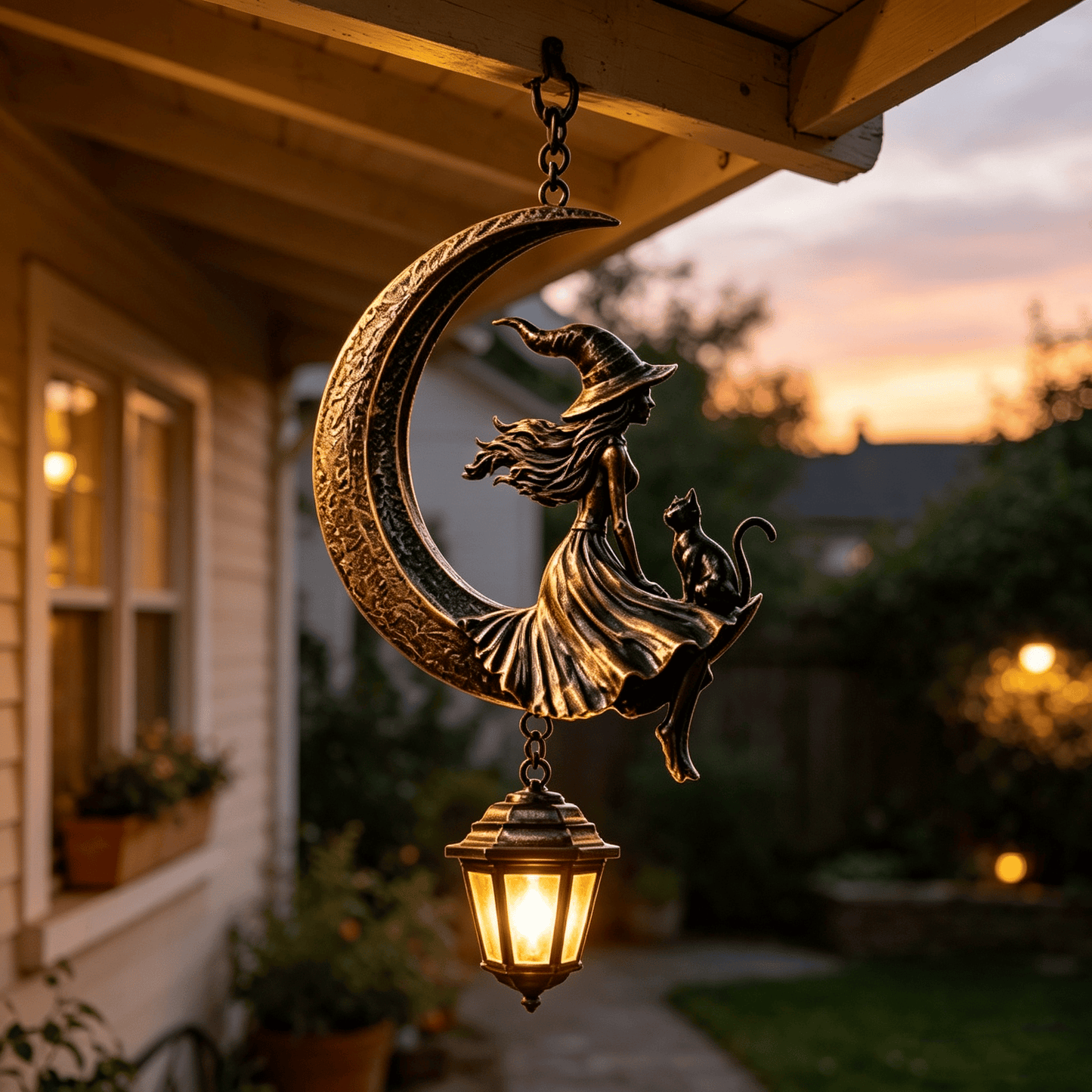 Solar Hanging Witch on the Moon Lantern — Vintage Bronze Gothic Witch and Black Cat Garden Decor