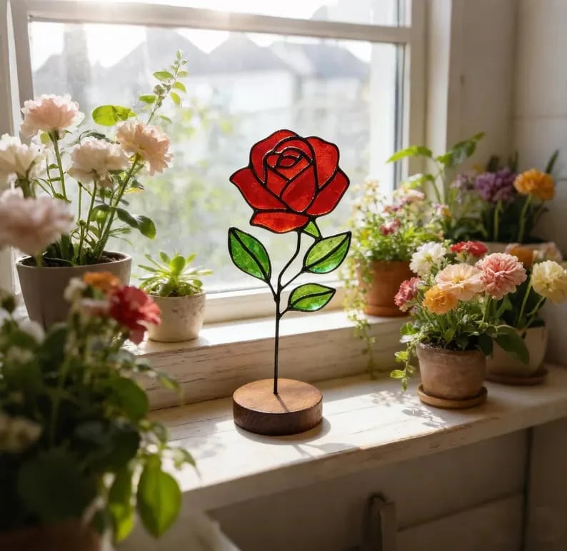 Handmade Stained Glass Flower Freestanding Window Decor