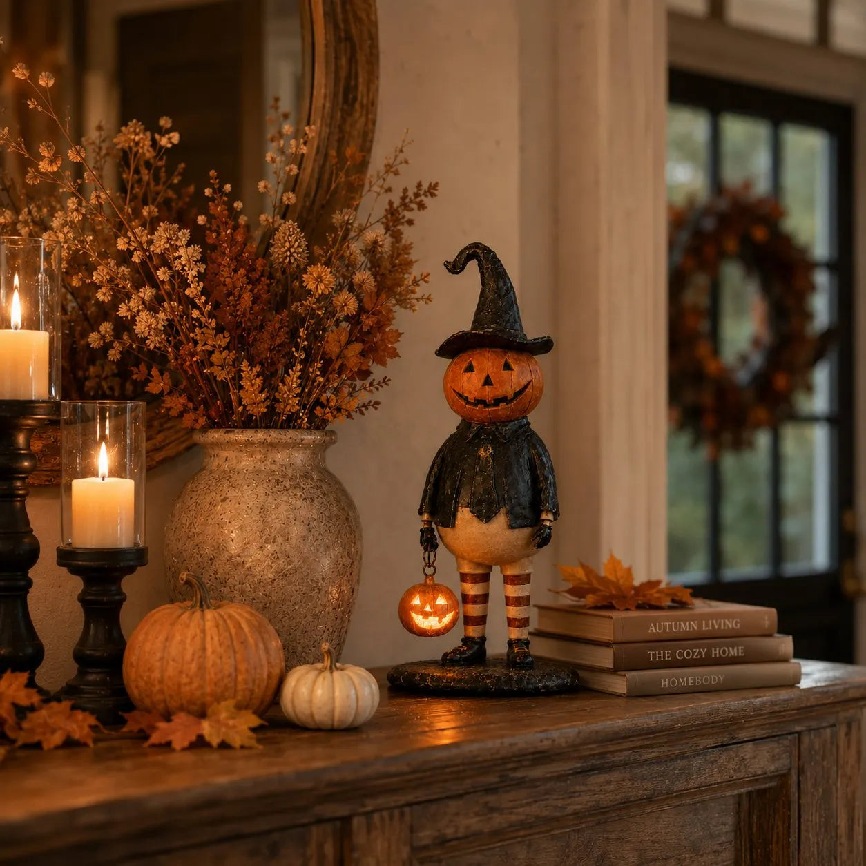 🔥HOT SALE 50% OFF🎃Halloween Pumpkin Head Figurine with Lighted Handheld Pumpkin Lantern