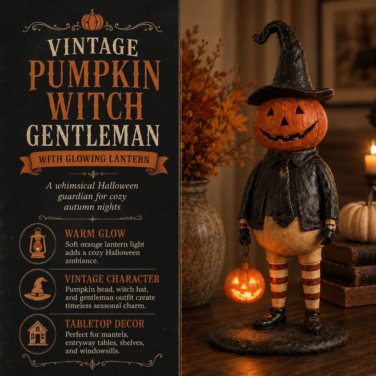 🔥HOT SALE 50% OFF🎃Halloween Pumpkin Head Figurine with Lighted Handheld Pumpkin Lantern