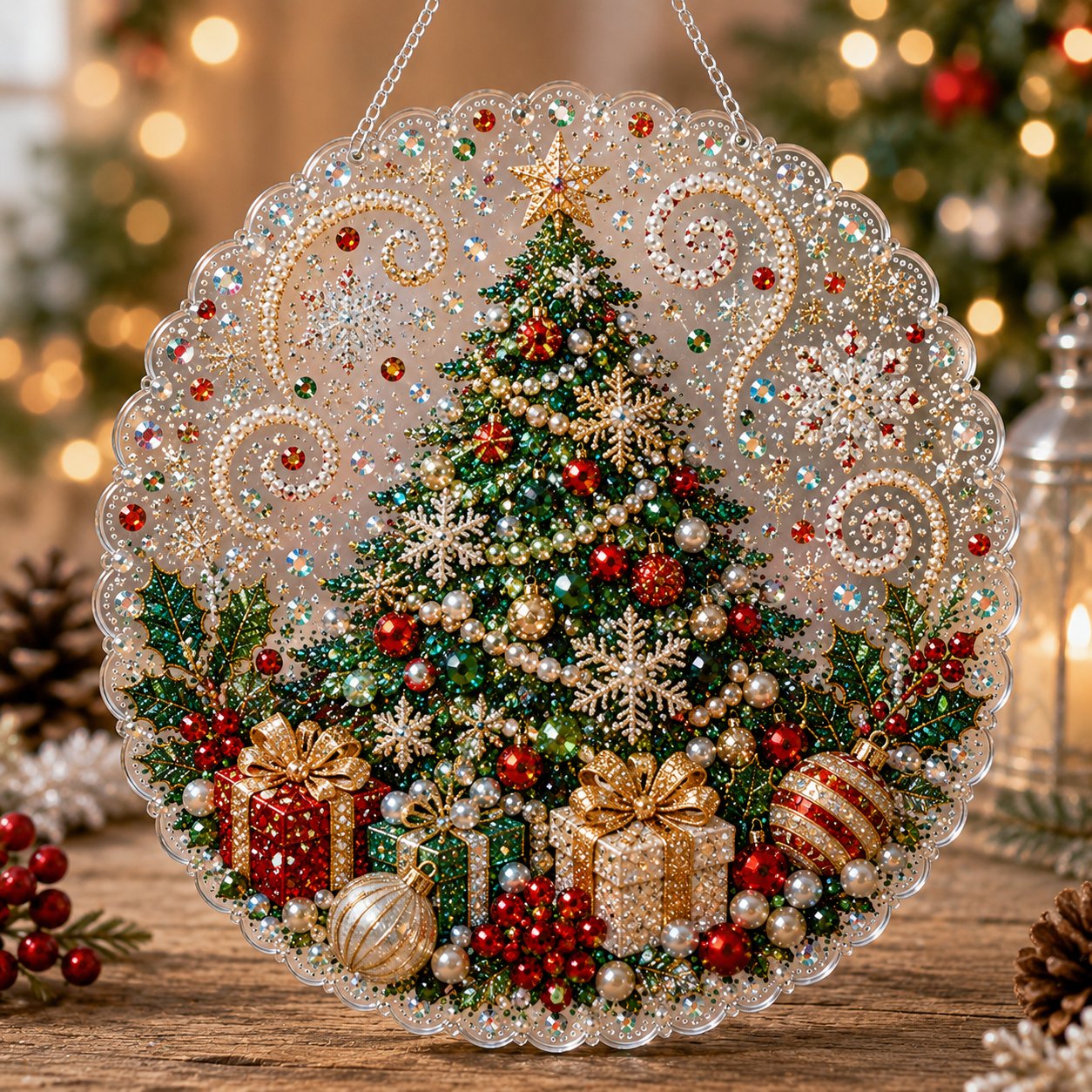 🎄Christmas Pearl Diamond Art Hanging Ornament Kit | Luxury Flocked Canvas with Scratch-Resistant Non-Fading Pearl Beads DIY Handmade Holiday Hanging Decor 🎅💎