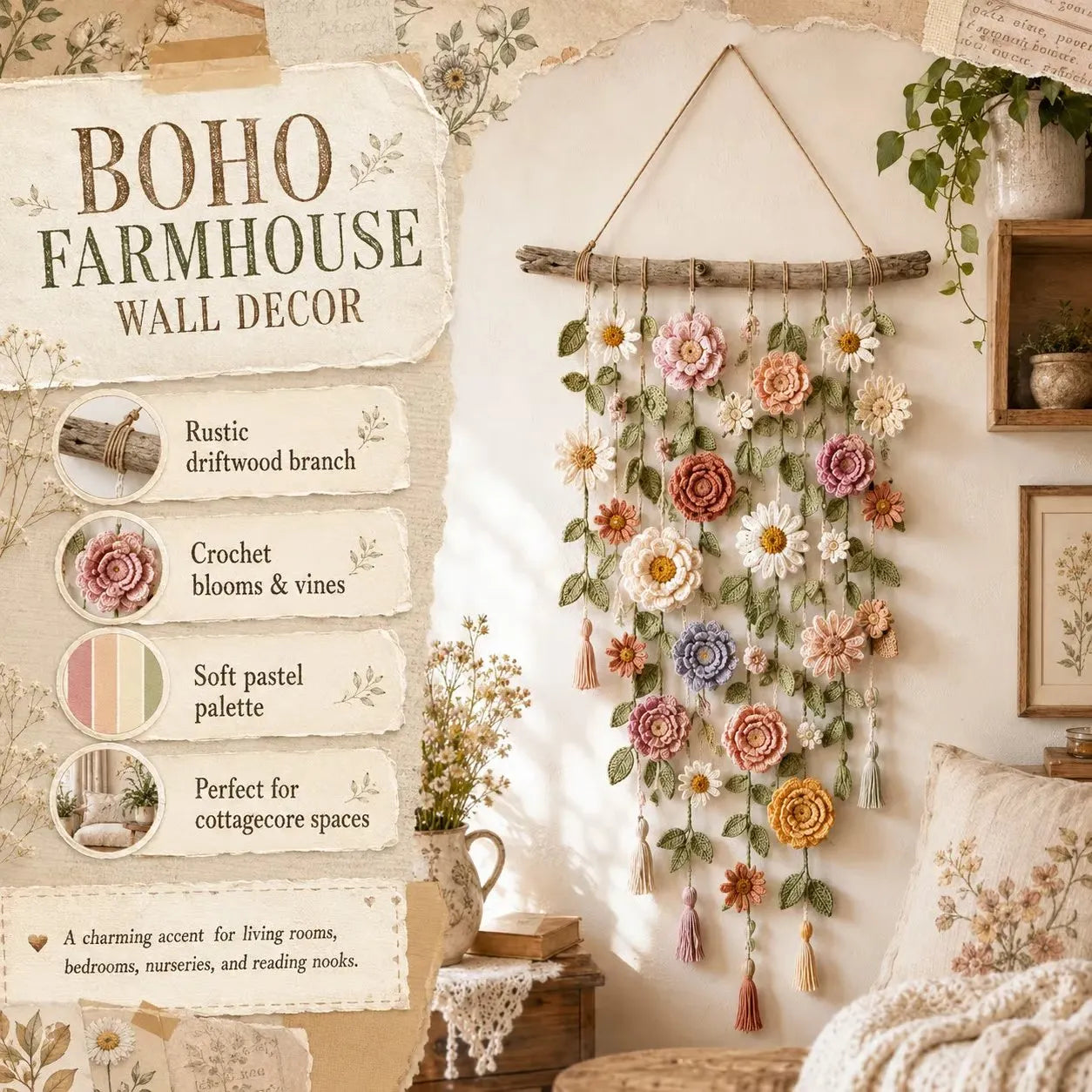🌸HandMade Boho Crochet Flower Wall Hanging Decor