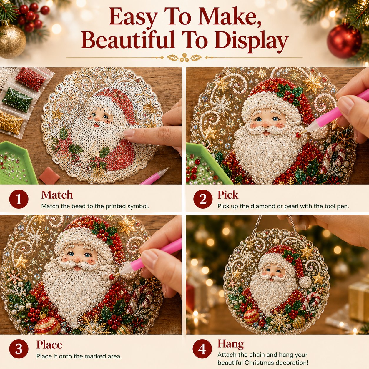 🎄Christmas Pearl Diamond Art Hanging Ornament Kit | Luxury Flocked Canvas with Scratch-Resistant Non-Fading Pearl Beads DIY Handmade Holiday Hanging Decor 🎅💎