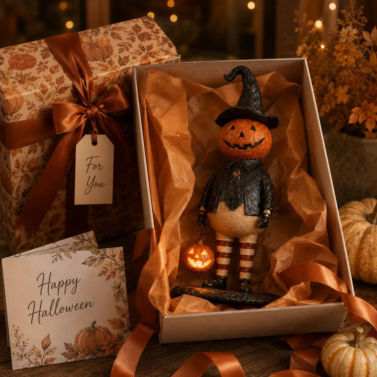 🔥HOT SALE 50% OFF🎃Halloween Pumpkin Head Figurine with Lighted Handheld Pumpkin Lantern