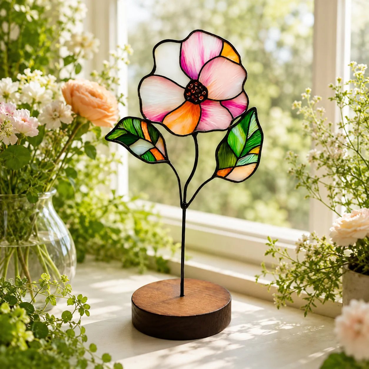 Handmade Stained Glass Flower Freestanding Window Decor