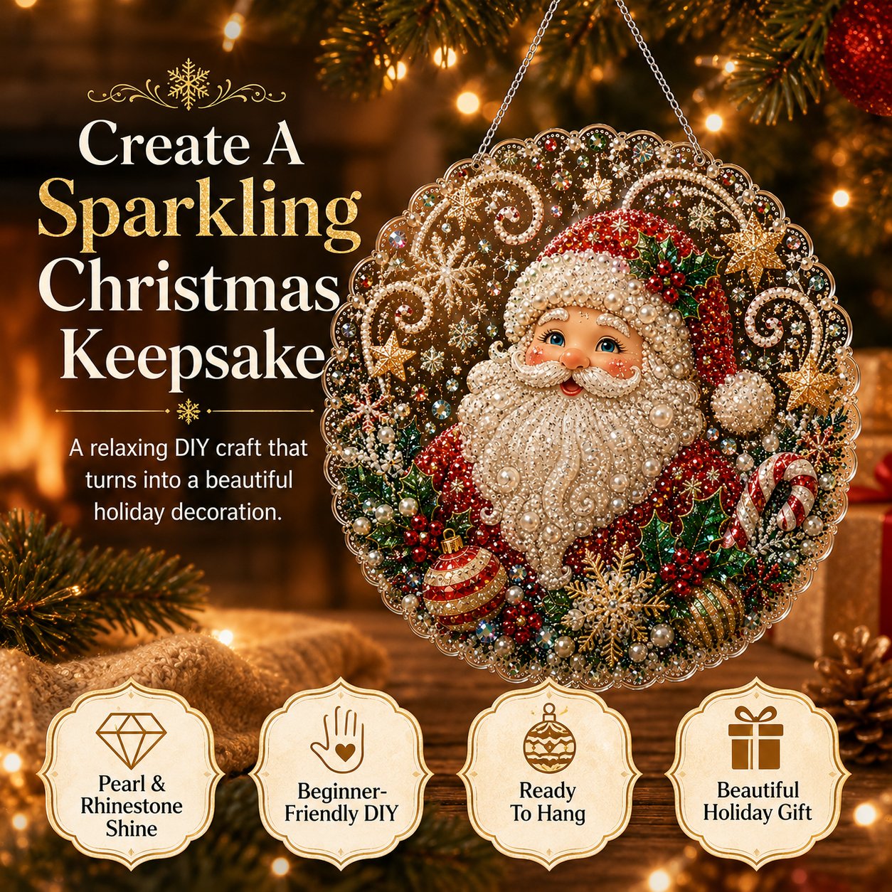 🎄Christmas Pearl Diamond Art Hanging Ornament Kit | Luxury Flocked Canvas with Scratch-Resistant Non-Fading Pearl Beads DIY Handmade Holiday Hanging Decor 🎅💎