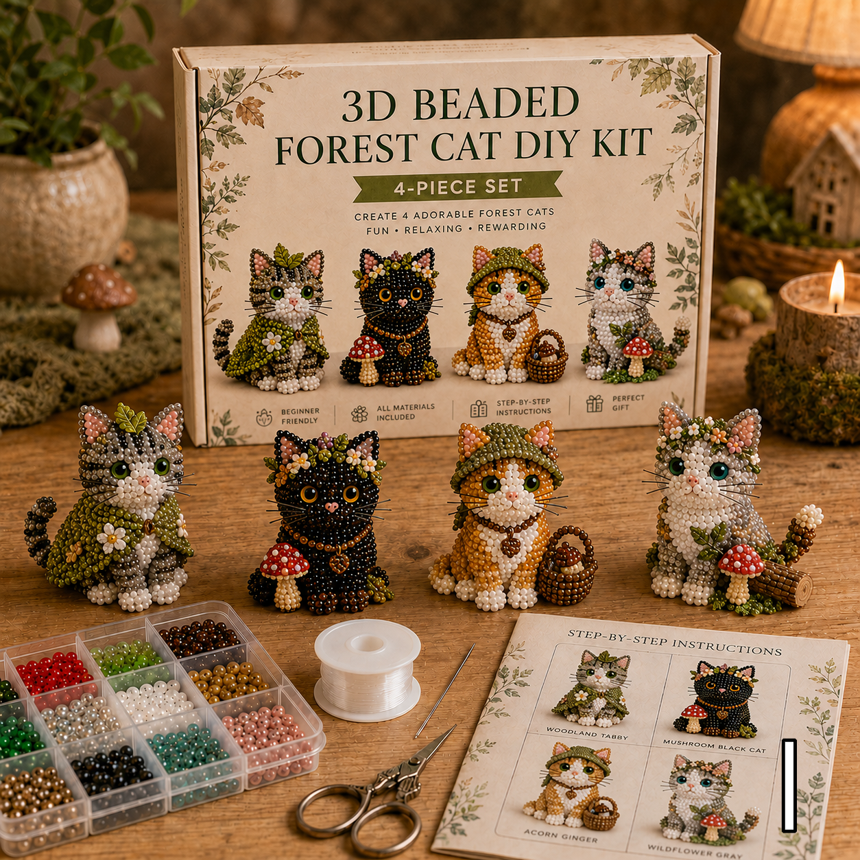 3D Beaded Cat DIY Kit – Adorable 4-Piece Handmade Cat Craft Set