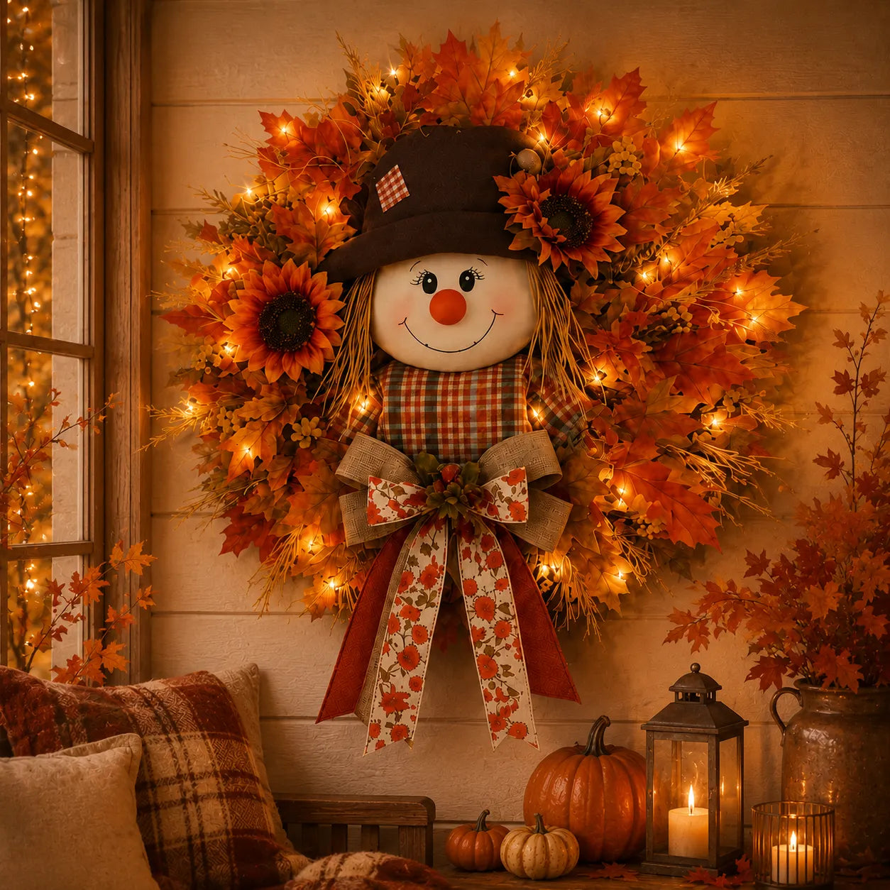 🍂🌻 Lighted Scarecrow Fall Wreath for Front Door