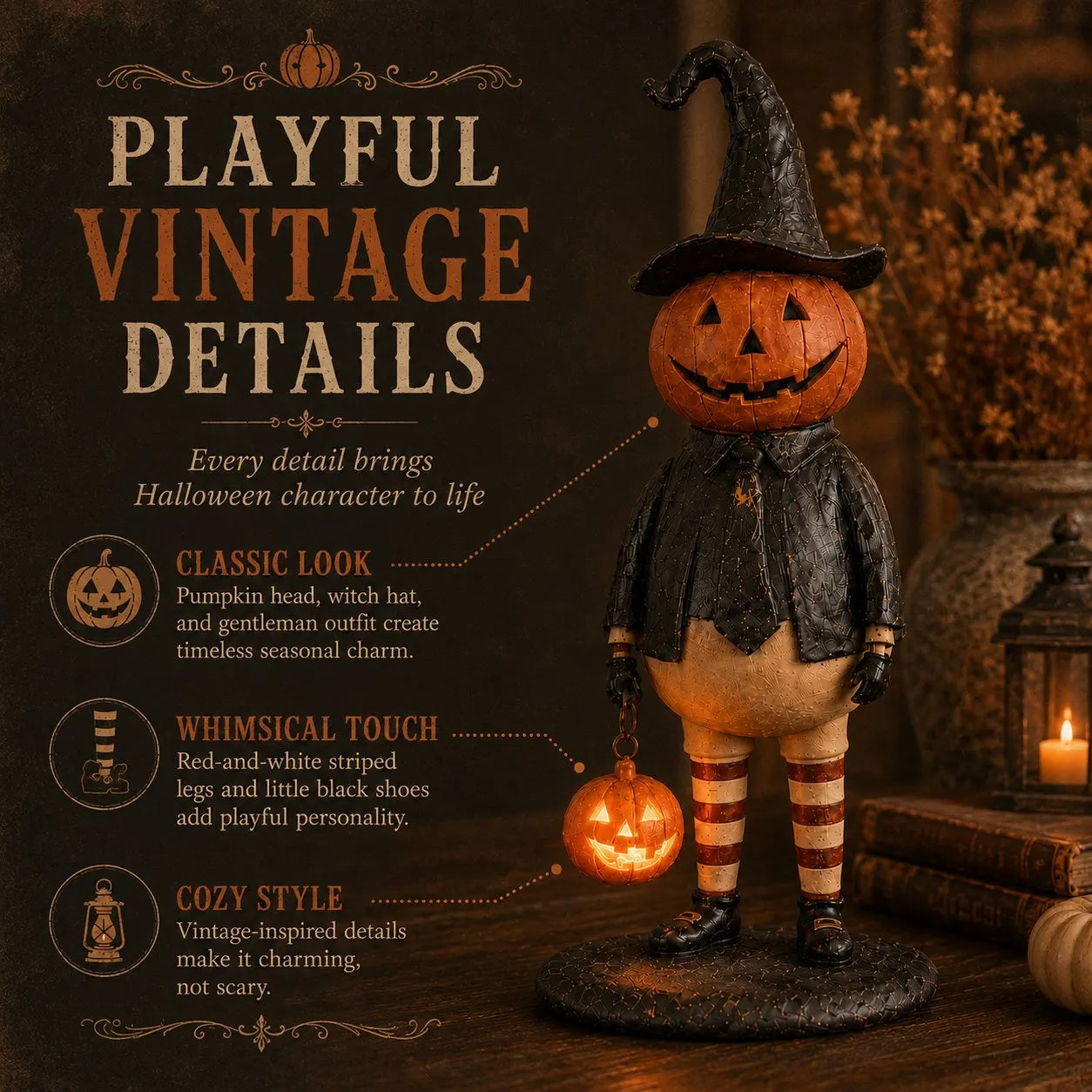 🔥HOT SALE 50% OFF🎃Halloween Pumpkin Head Figurine with Lighted Handheld Pumpkin Lantern