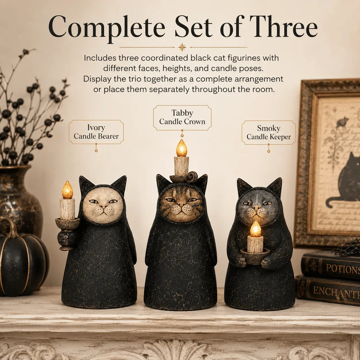 Set of 3  Mysterious Hooded Cat Candlelight Figurine