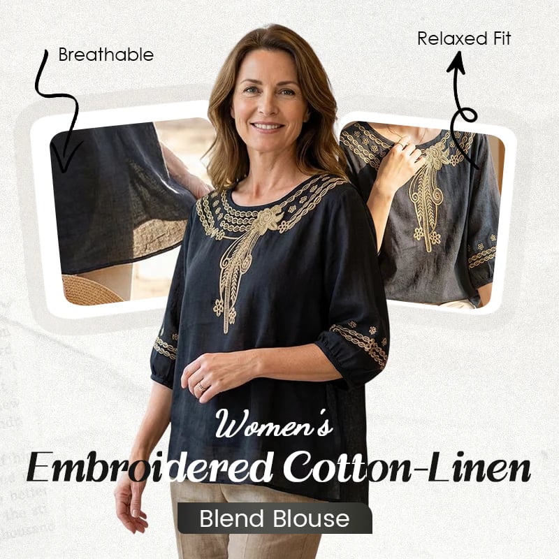 👚Women's Embroidered Cotton-Linen Blend Blouse – Floral Cutouts, Round Neck, Relaxed Fit ✨