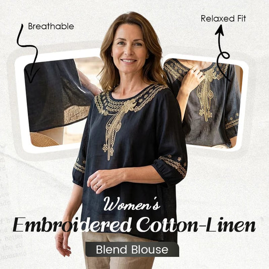 👚Women's Embroidered Cotton-Linen Blend Blouse – Floral Cutouts, Round Neck, Relaxed Fit ✨