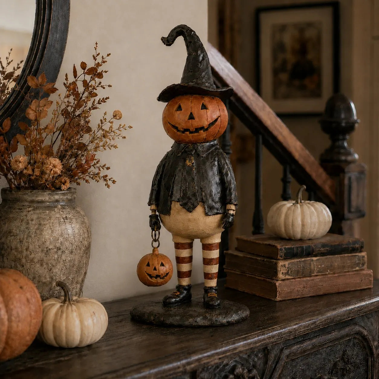 🔥HOT SALE 50% OFF🎃Halloween Pumpkin Head Figurine with Lighted Handheld Pumpkin Lantern