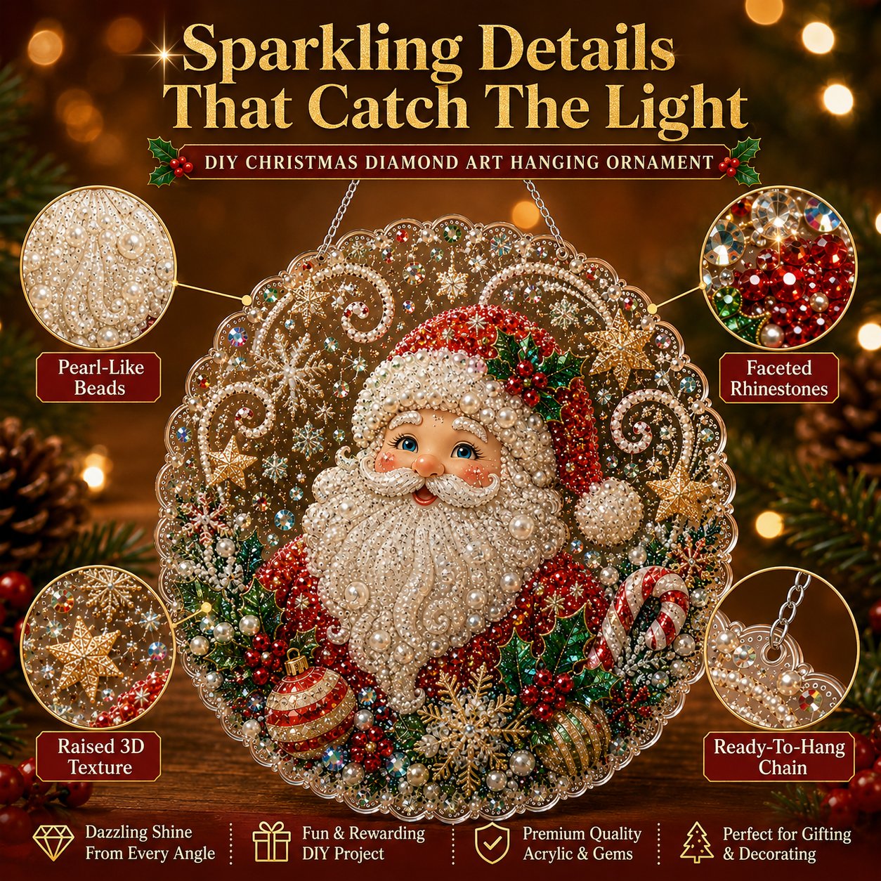 🎄Christmas Pearl Diamond Art Hanging Ornament Kit | Luxury Flocked Canvas with Scratch-Resistant Non-Fading Pearl Beads DIY Handmade Holiday Hanging Decor 🎅💎