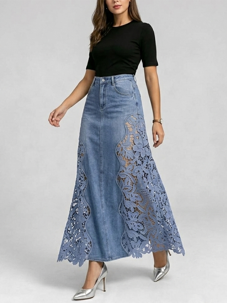 Stylish Lace-paneled Long Denim Skirt