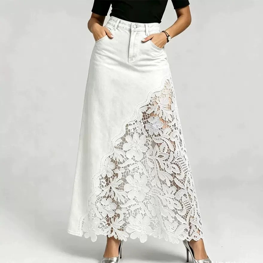 Stylish & Sexy Lace-paneled Cutout Denim Skirtv