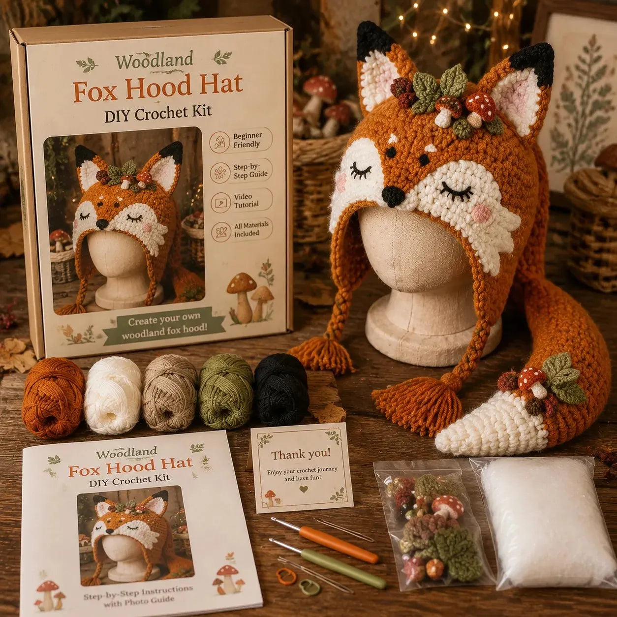 ❤️✨ Cute Animal Crochet Kit for Beginners | Handmade Winter Hat Craft Kit | Complete Amigurumi Crochet Set🧶🎭✨