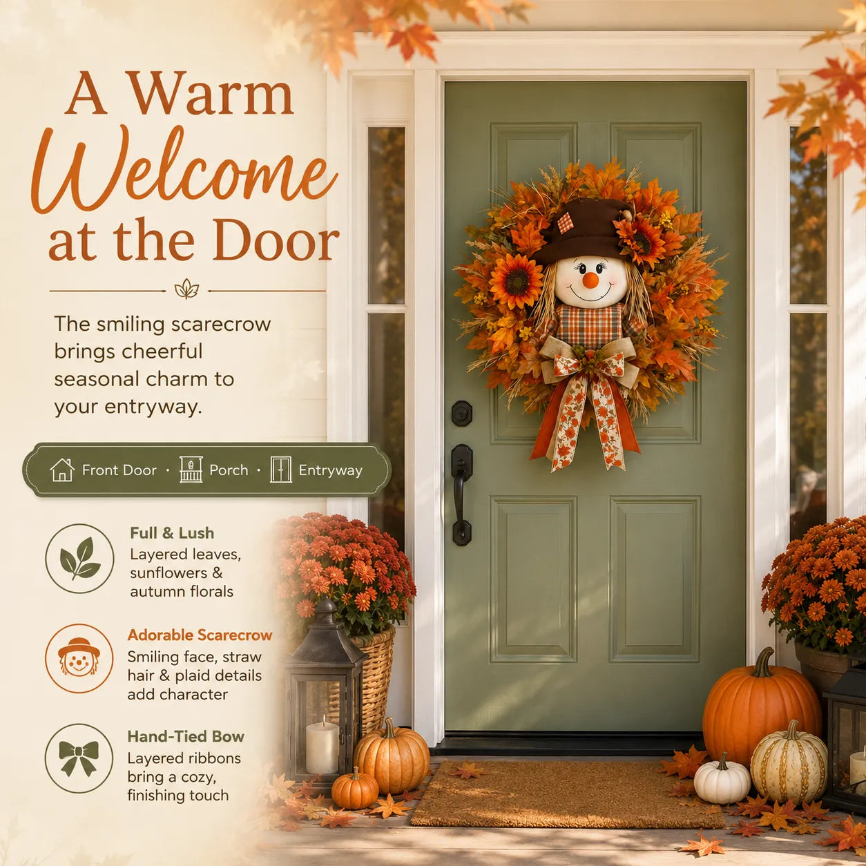 🍂🌻 Lighted Scarecrow Fall Wreath for Front Door