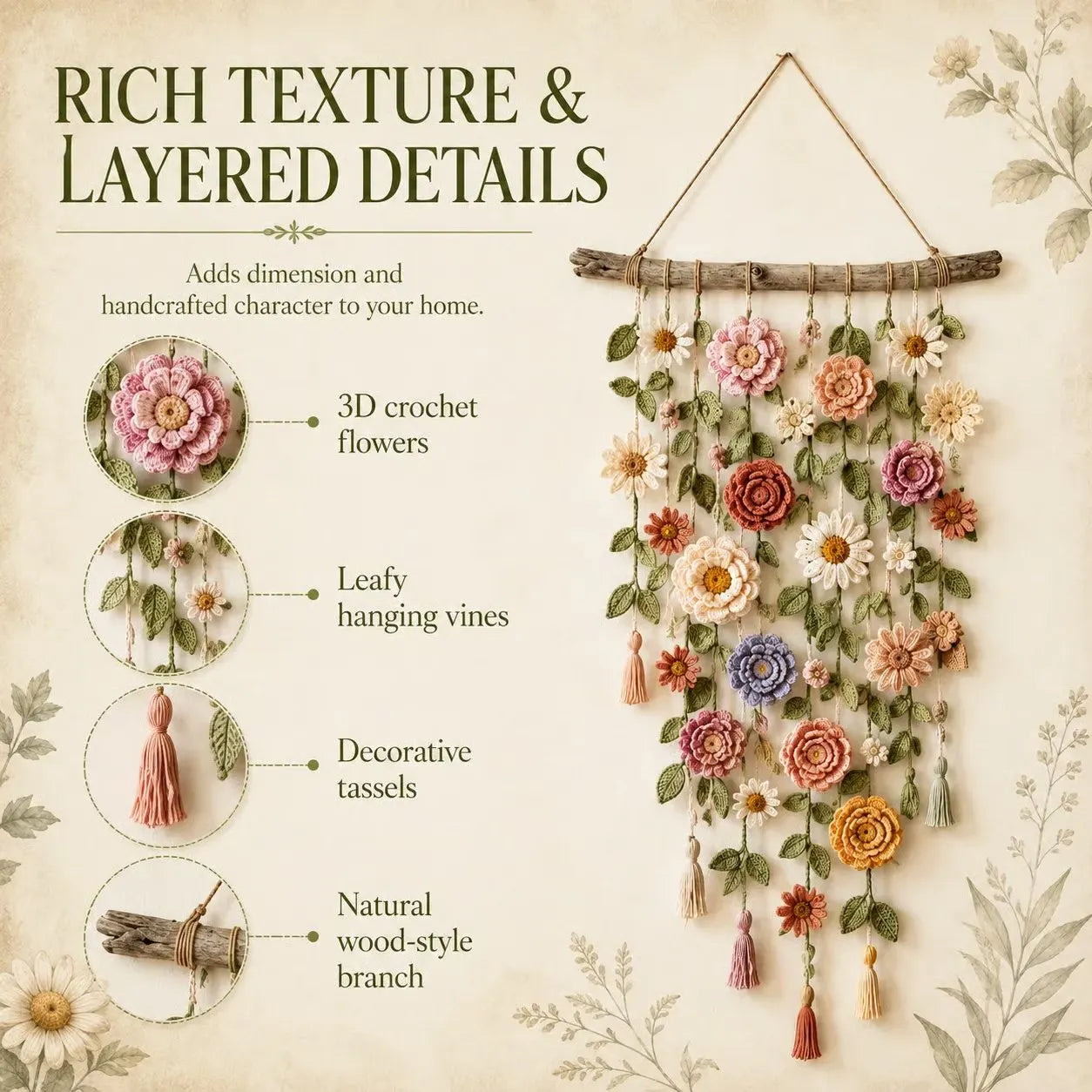 🌸HandMade Boho Crochet Flower Wall Hanging Decor