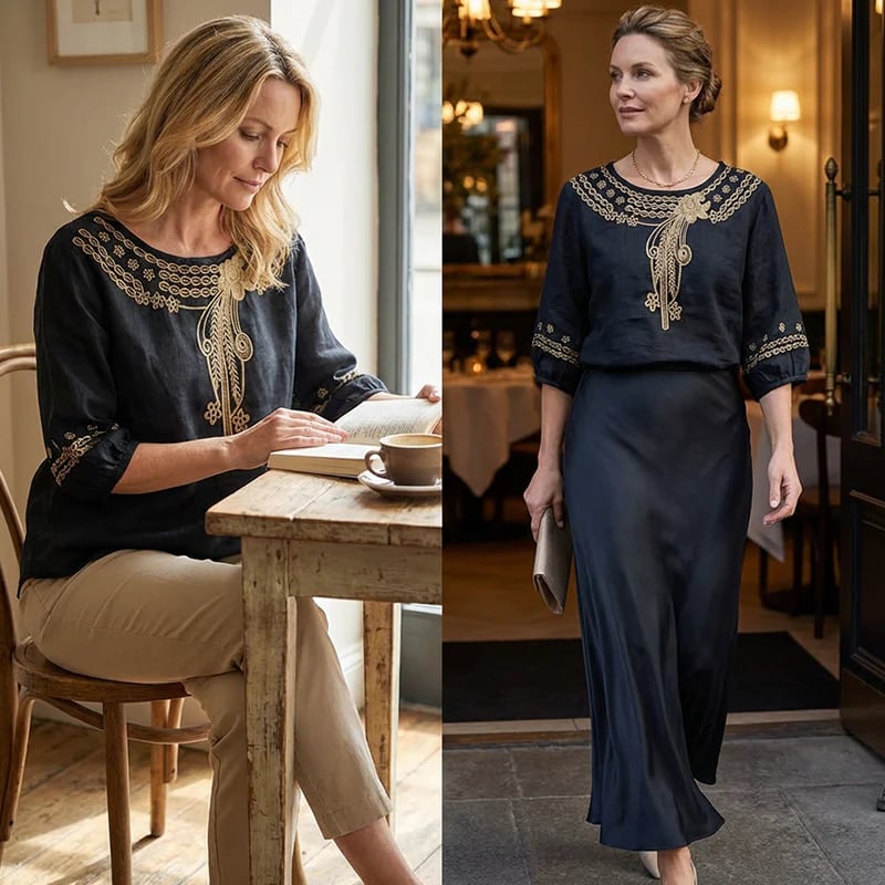 👚Women's Embroidered Cotton-Linen Blend Blouse – Floral Cutouts, Round Neck, Relaxed Fit ✨