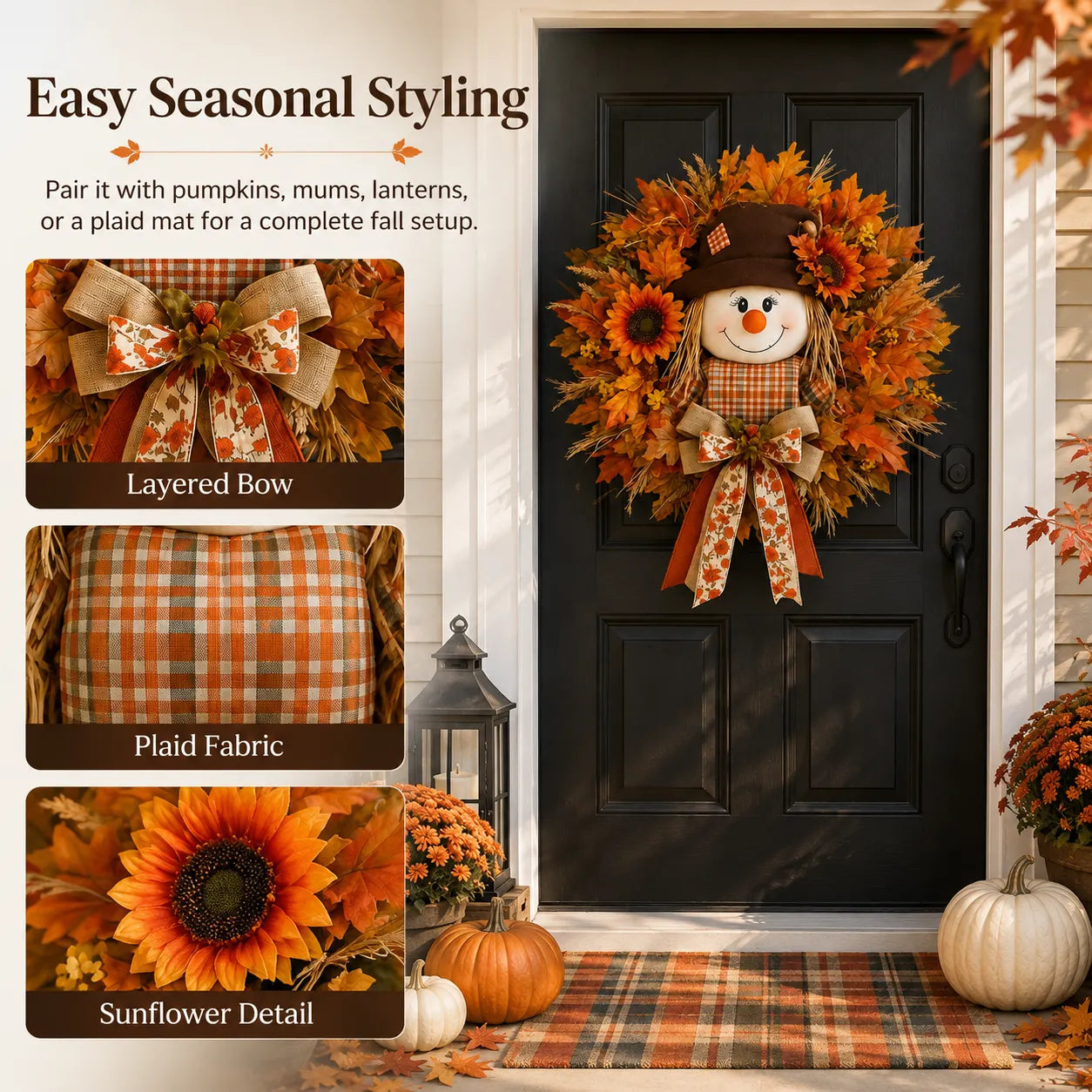 🍂🌻 Lighted Scarecrow Fall Wreath for Front Door