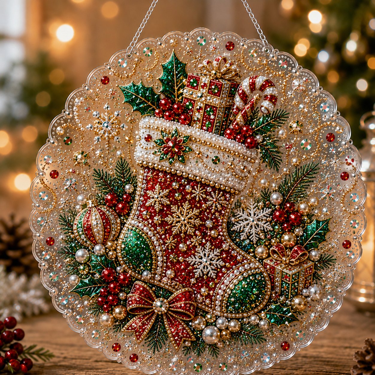 🎄Christmas Pearl Diamond Art Hanging Ornament Kit | Luxury Flocked Canvas with Scratch-Resistant Non-Fading Pearl Beads DIY Handmade Holiday Hanging Decor 🎅💎